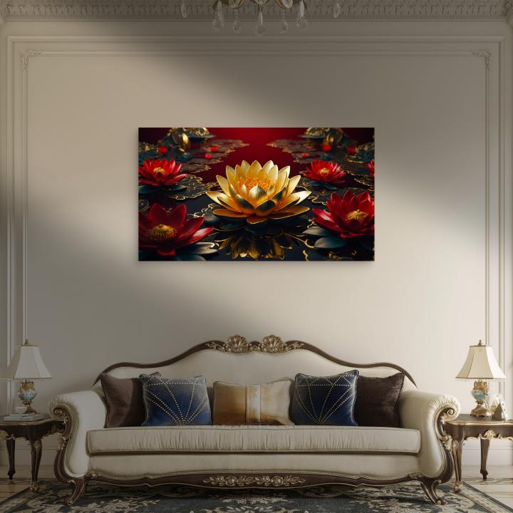 Golden Lotus Flower Tempered Glass Wall Art,  Luxury Red and Black Oriental Decor, Modern Luxury Art, Statement Art for Living Room