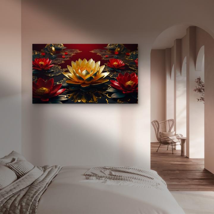 Golden Lotus Flower Tempered Glass Wall Art,  Luxury Red and Black Oriental Decor, Modern Luxury Art, Statement Art for Living Room