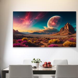 Colorful Sky and Moon Scene – Tempered Glass Wall Art, Modern Cosmic Landscape Design