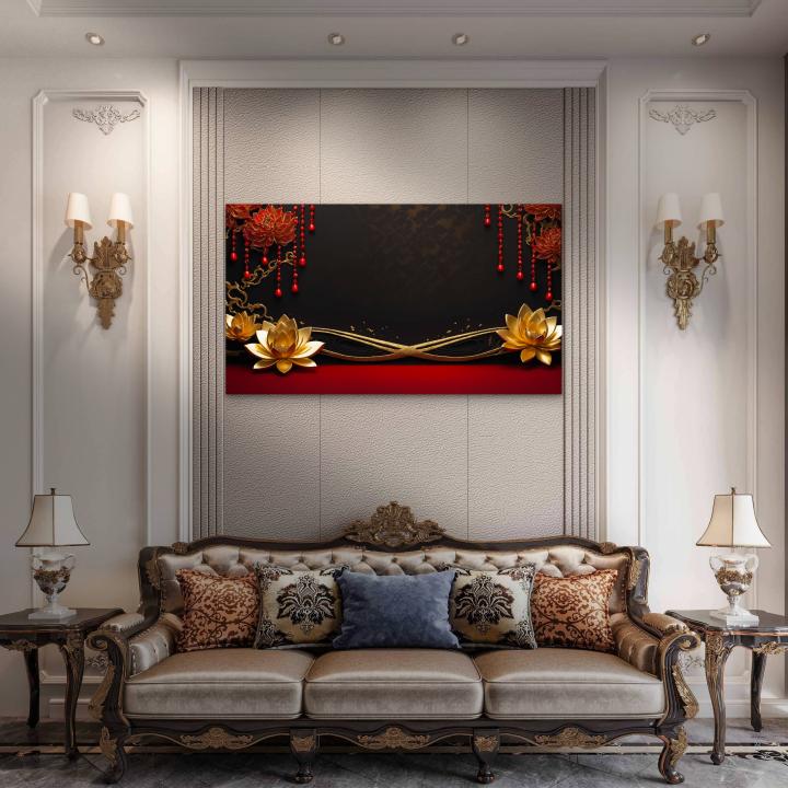 Red and Gold Oriental Lotus Wall Art | Oversize Tempered Glass Panel | Luxury Asian Decor