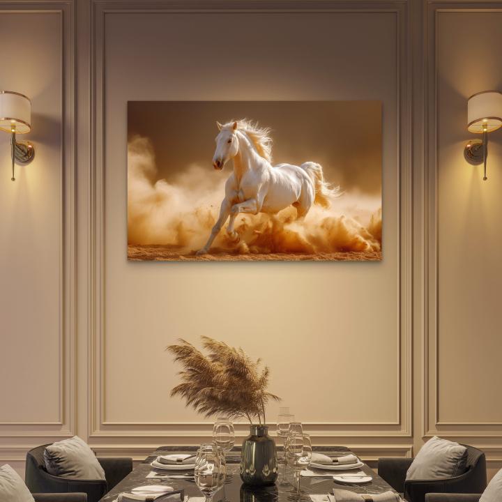 White Horse Tempered Glass Wall Art: Elegant Animal Decor, Large Size