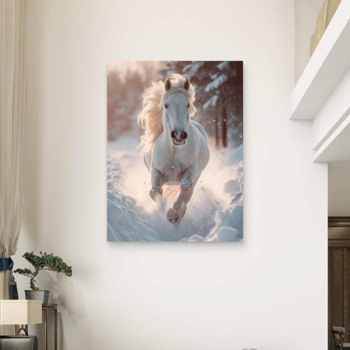 Running Horse in Snow Large Tempered Glass Wall Art,Symbol of Strength and Freedom