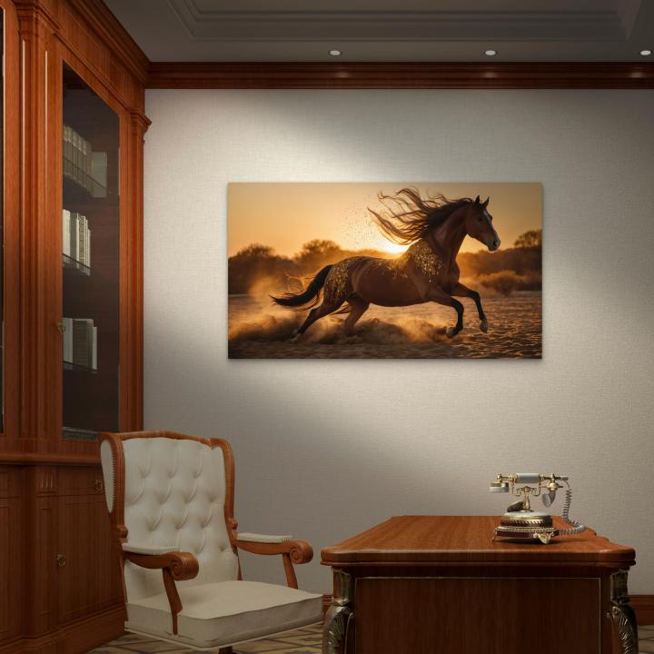 Extra Large Tempered Glass Art: Golden Runner - Galloping Horse at Sunset with Glitter Dust