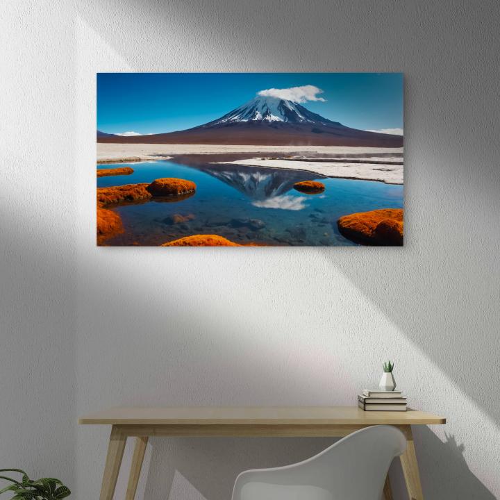 Tempered Glass Wall Art: Snowy Volcano & Crystal Lake Reflection - Large Landscape Print