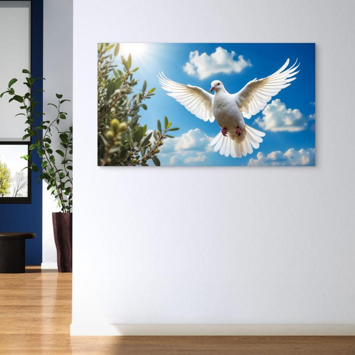 Symbol of Peace,Glossy Tempered Glass Print of Flying White Dove,Spiritual Wall Decor
