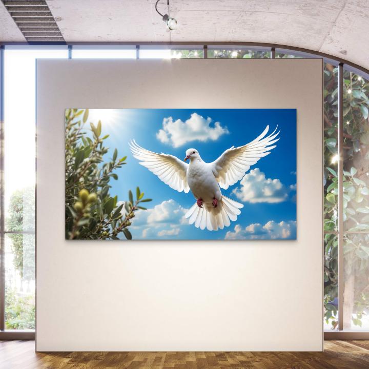 Symbol of Peace,Glossy Tempered Glass Print of Flying White Dove,Spiritual Wall Decor