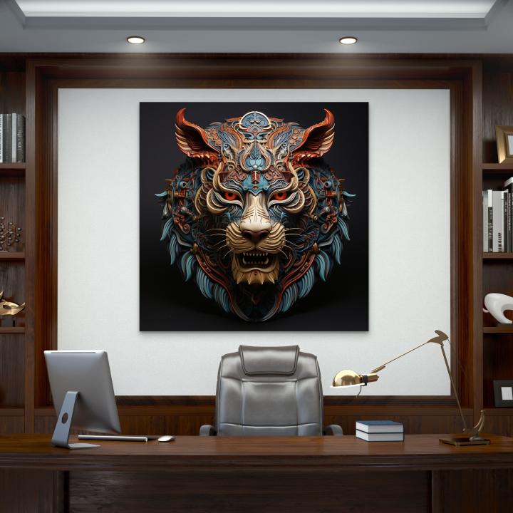 Large Tempered Glass Wall Art - Stylized Tiger/Lion Mask Decor