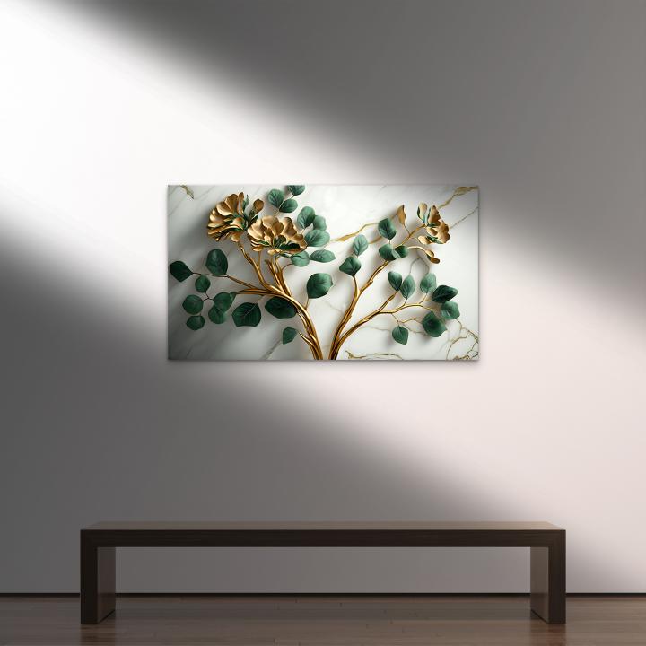 Golden Branches Tempered Glass Wall Art: Elegant Floral Design