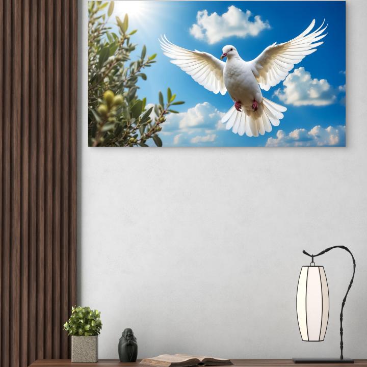 Symbol of Peace,Glossy Tempered Glass Print of Flying White Dove,Spiritual Wall Decor