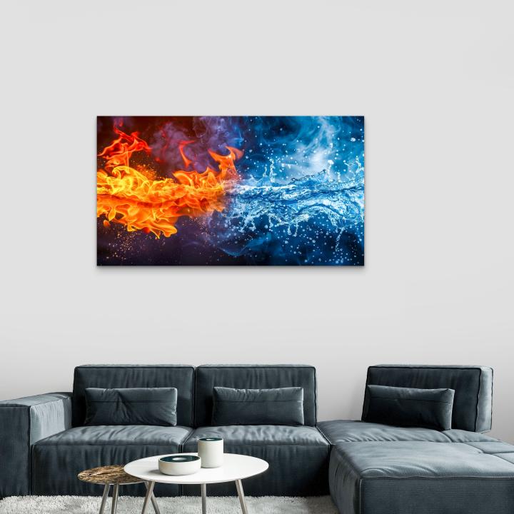 Fire and Water Balance Tempered Glass Wall Art,Abstract Energy Design,Large Glass Artwork
