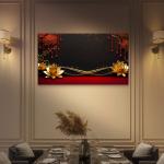 Red and Gold Oriental Lotus Wall Art | Oversize Tempered Glass Panel | Luxury Asian Decor