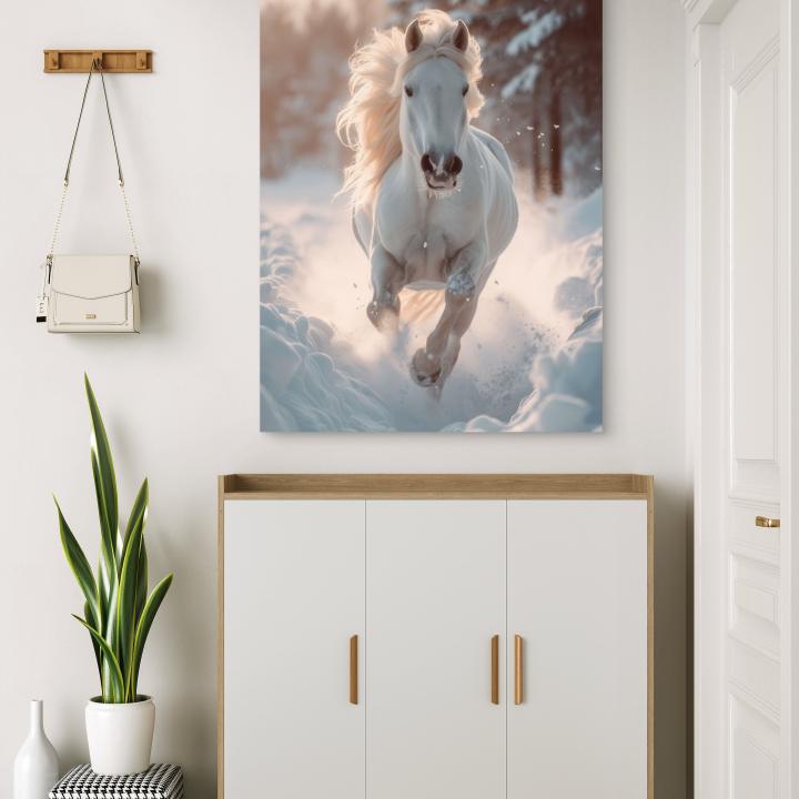 Running Horse in Snow Large Tempered Glass Wall Art,Symbol of Strength and Freedom