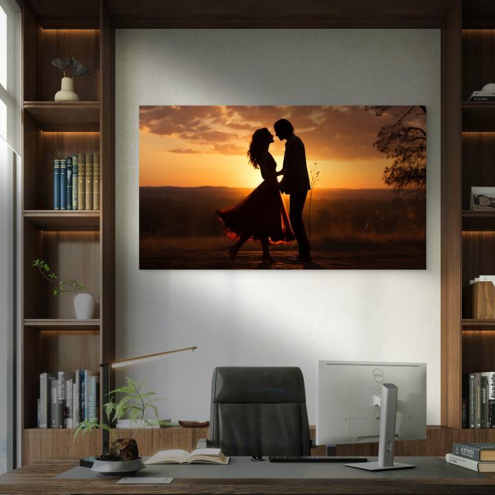 Sunset Couple Silhouette Tempered Glass Wall Art, Romantic Embrace Print, Anniversary Gift, Wedding Gift for Couple