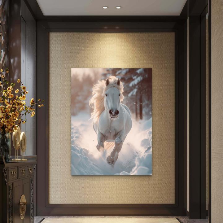 Running Horse in Snow Large Tempered Glass Wall Art,Symbol of Strength and Freedom