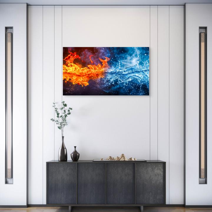 Fire and Water Balance Tempered Glass Wall Art,Abstract Energy Design,Large Glass Artwork