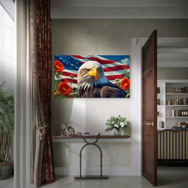 Tempered Glass Wall Art – American Eagle with Flag Design, Patriotic Home Decor