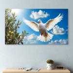 Symbol of Peace,Glossy Tempered Glass Print of Flying White Dove,Spiritual Wall Decor