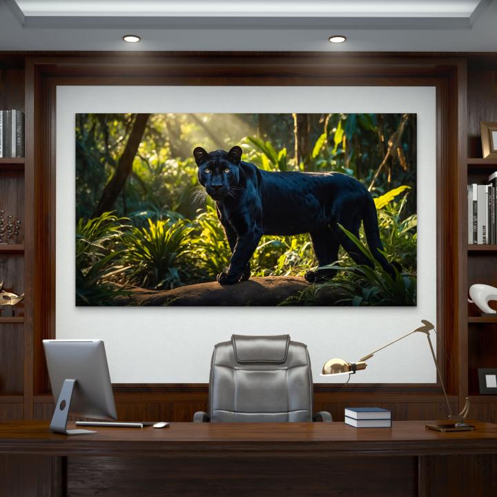 Powerful Panther Silhouette Tempered Print | Nature Forest Wall Decor, Oversize Tropical Decor