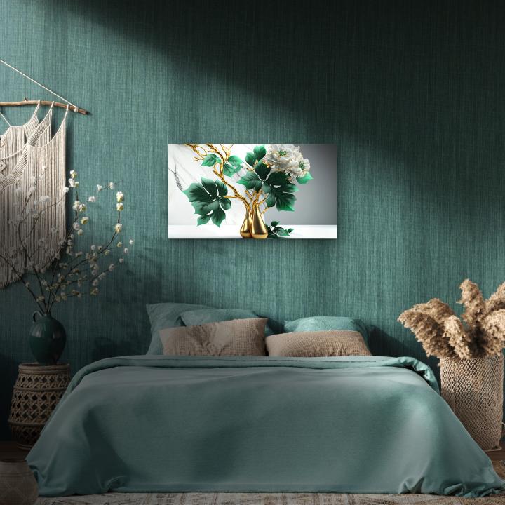 Luxury Floral and Golden Branch Wall Art, Decorative Tempered Glass Panel