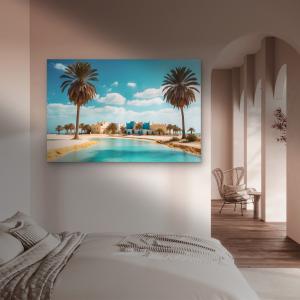 Large Tempered Glass Wall Art | Tropical Oasis Village and Palm Trees Scenery