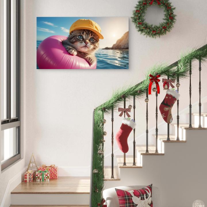 Blue-Eyed Cat in HatGlass Print,XXL Decorative Tempered Glass Panel,Funny Adorable Animal Portrait