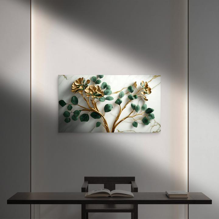 Golden Branches Tempered Glass Wall Art: Elegant Floral Design