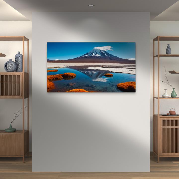 Tempered Glass Wall Art: Snowy Volcano & Crystal Lake Reflection - Large Landscape Print