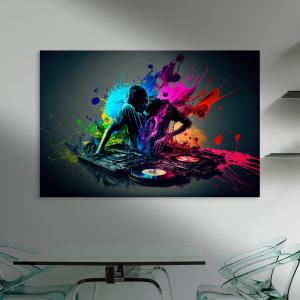 Neon Paint Splash DJ Tempered Glass Wall Art, Electronic Music Studio Decor, Vibrant Color Explosion Home Decor, Musician Gif