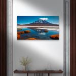 Tempered Glass Wall Art: Snowy Volcano & Crystal Lake Reflection - Large Landscape Print