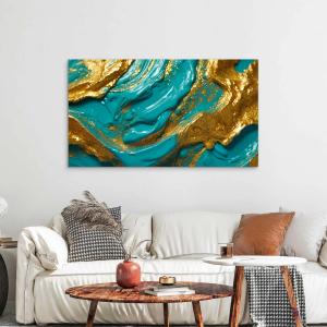 Teal and Gold: Oversized Abstract Acrylic Texture Tempered Glass Art, Luxury Marble Effect