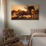 Extra Large Tempered Glass Art: Golden Runner - Galloping Horse at Sunset with Glitter Dust