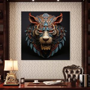 Large Tempered Glass Wall Art - Stylized Tiger/Lion Mask Decor