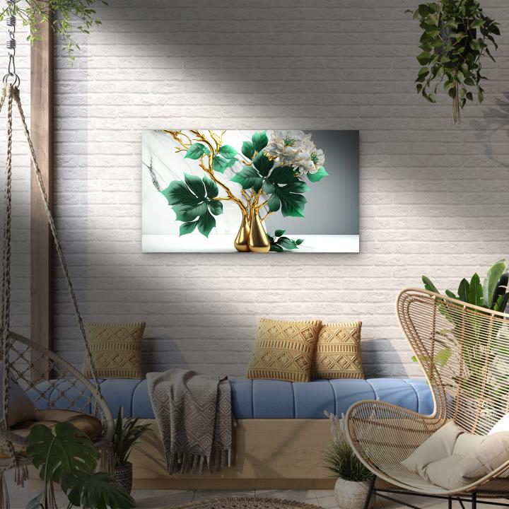 Luxury Floral and Golden Branch Wall Art, Decorative Tempered Glass Panel
