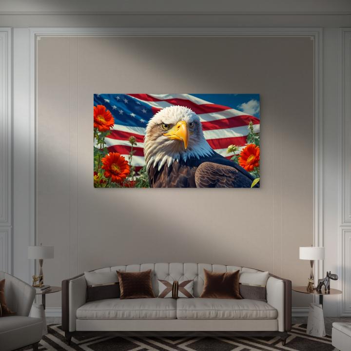 Tempered Glass Wall Art – American Eagle with Flag Design, Patriotic Home Decor