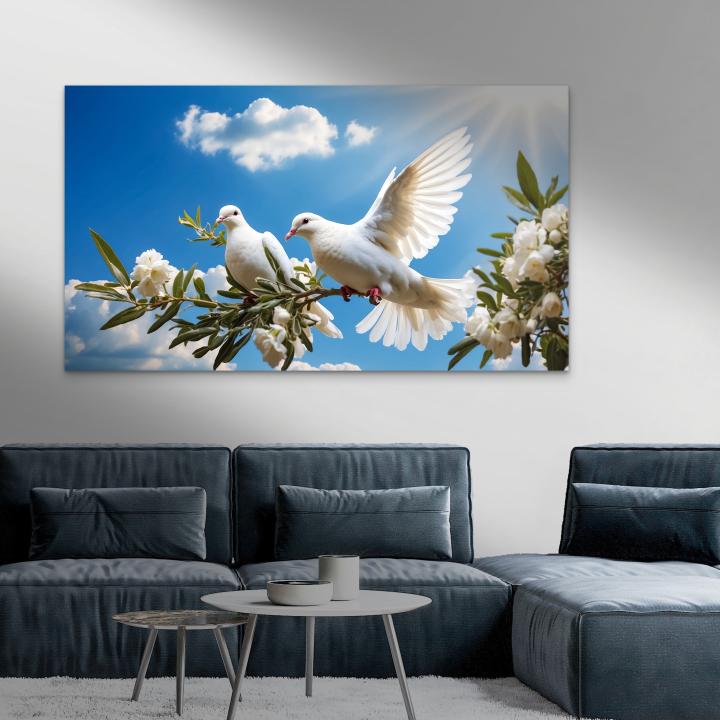 Doves of Peace Tempered Glass Wall Art: Sunny Sky Decor, Large Size