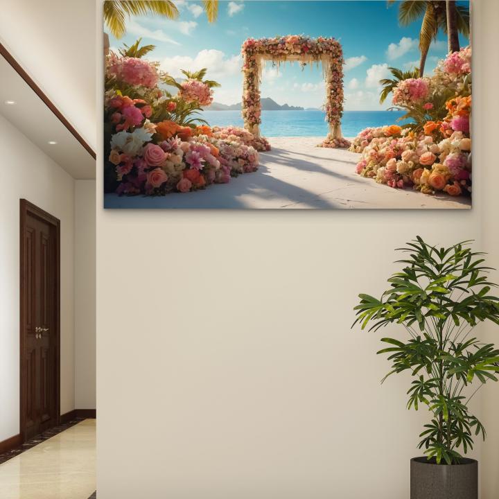 Large Floral Wedding Arch Beach View Tempered Glass Art,Romantic Wedding Decor,Destination Vibe