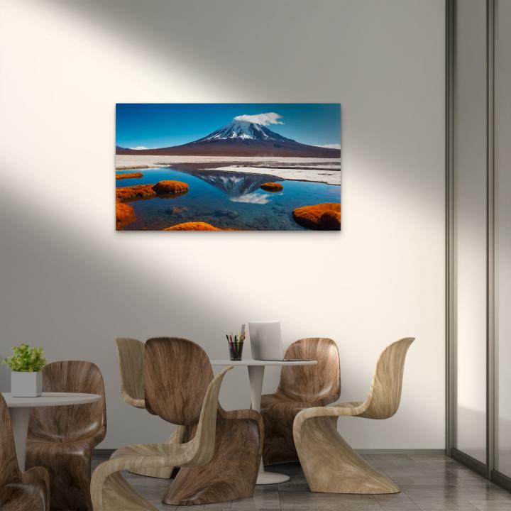Tempered Glass Wall Art: Snowy Volcano & Crystal Lake Reflection - Large Landscape Print