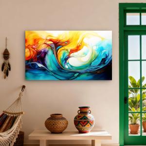 Large Tempered Glass Art Vibrant Fluid Paint and Wave Art Warm Abstract Decor