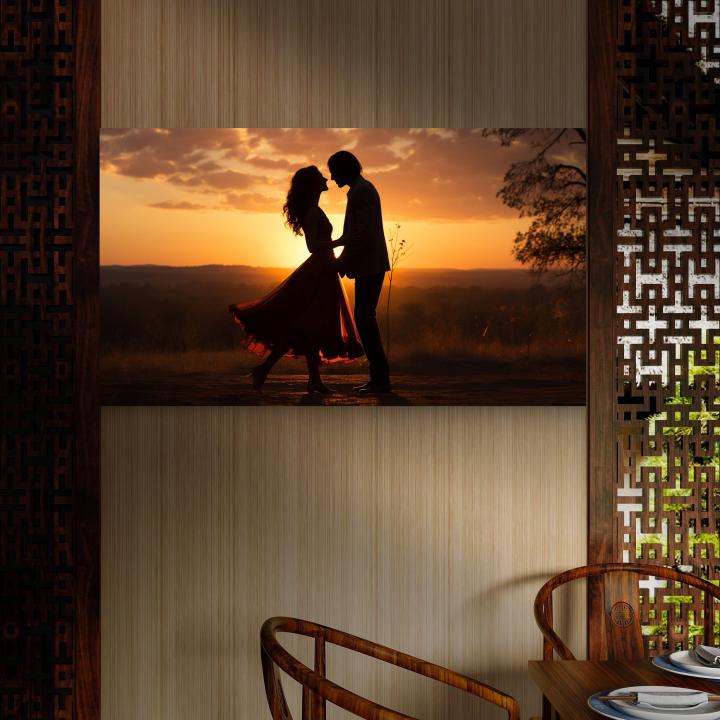 Sunset Couple Silhouette Tempered Glass Wall Art, Romantic Embrace Print, Anniversary Gift, Wedding Gift for Couple
