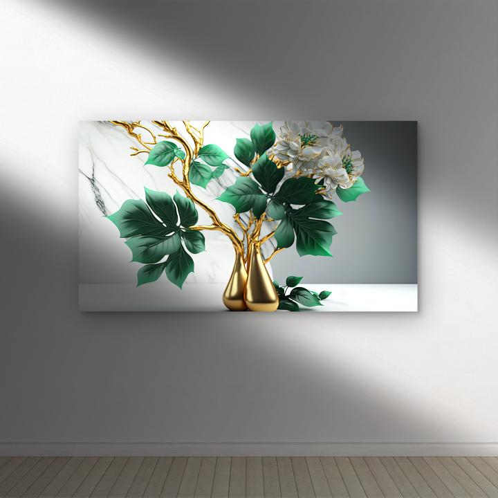 Luxury Floral and Golden Branch Wall Art, Decorative Tempered Glass Panel