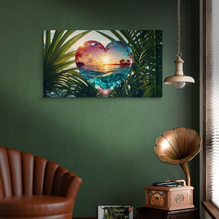 Heart-Shaped Beach Sunset Tempered Glass Wall Art,Large