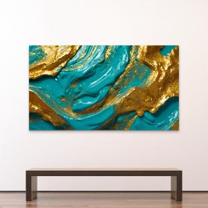 Teal and Gold: Oversized Abstract Acrylic Texture Tempered Glass Art, Luxury Marble Effect