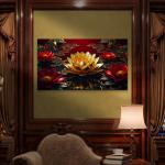Golden Lotus Tempered Glass Wall Art: Red & Black Oriental Decor