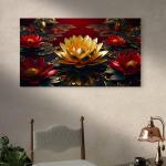 Golden Lotus Tempered Glass Wall Art: Red & Black Oriental Decor