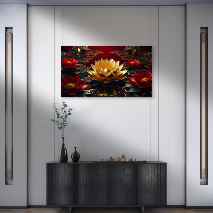 Golden Lotus Tempered Glass Wall Art: Red & Black Oriental Decor