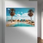 Large Tempered Glass Wall Art | Tropical Oasis Village and Palm Trees Scenery