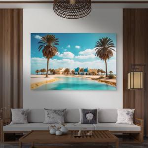 Large Tempered Glass Wall Art | Tropical Oasis Village and Palm Trees Scenery