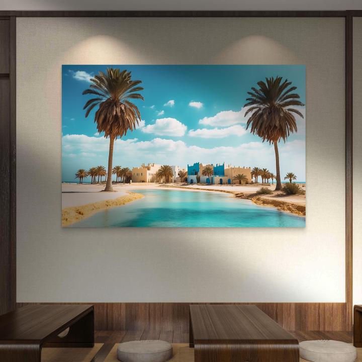 Large Tempered Glass Wall Art | Tropical Oasis Village and Palm Trees Scenery