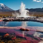 Andes Mountains Geysers Glass Panel | Red Water Pool and Steam Eruption Photo