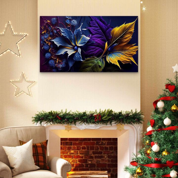Abstract Floral Tempered Glass Wall Art: Blue, Purple, Gold,Large size